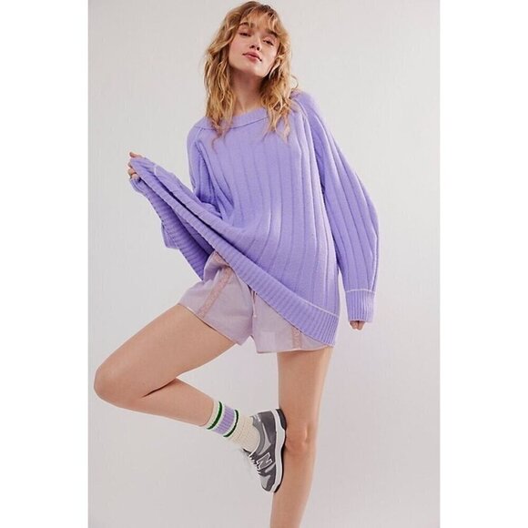 NEW FREE PEOPLE VENUS RIBBED FABRICATION SWEATER TUNIC IN PURPLE SZ XS - Picture 1 of 9